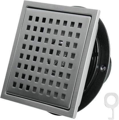 4 Inch Square Shower Drain, SUS 304 Stainless Steel Shower Drain with Flange, Removable Grid Cover Hair Strainer, High Flow Shower Floor Drain, Gun Grey