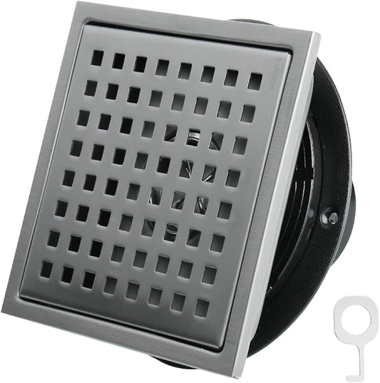 4 Inch Square Shower Drain, SUS 304 Stainless Steel Shower Drain with Flange, Removable Grid Cover Hair Strainer, High Flow Shower Floor Drain, Gun Grey