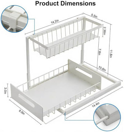 Under Sink Organizer Pull Out Kitchen Sink Organizer, 2 Tier L-Shape Bathroom Organizers and Storage with Sliding Drawer for Kitchen Bathroom Pantry (White, 1 Pack)