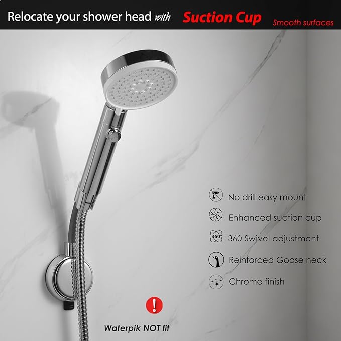 Suction Cup Handheld Shower Head Holder - Reusable - 360 Swivel Adjustable - Wall Mount Shower Wand Holder