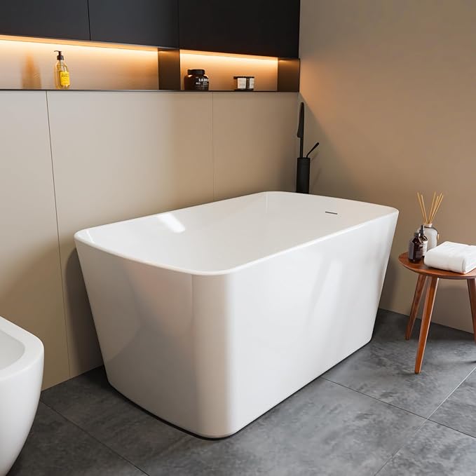 49" Acrylic Freestanding Bathtub, Modern Deep Soaking Tub, cUPC Certified Free Standing Tub, Chrome Drain/Overflow, White Acrylic, Square White