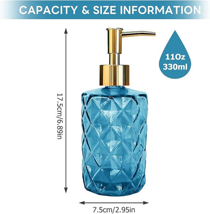 Blue Glass Soap Dispenser, Bathroom Shower & Shampoo Dispenser, Foam Hand Soap Dispenser with Gold Pump,11Oz/330ml Refillable Kitchen Dish Soap Bottle for Home Hotel