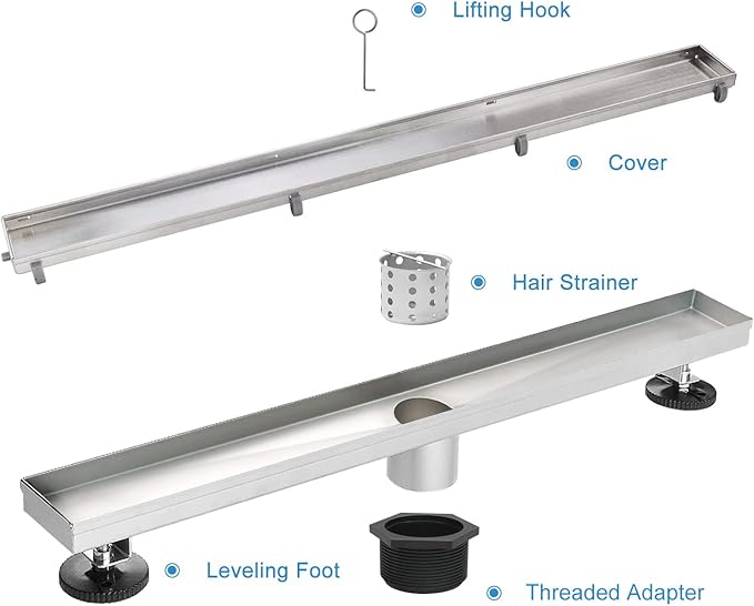 Linear Shower Drain, 48 inch Drain with Tile Insert 2-in-1 Panel, Brushed 304 Stainless Steel Shower Floor Drain, Linear Drain with Hair Strainer and Adjustable Feet