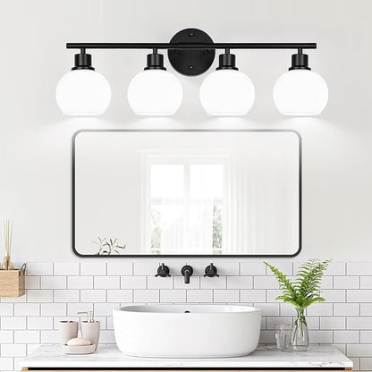4-Light Bathroom Light Fixtures, Black Bathroom Lights Over Mirror with Milky White Frosted Glass Globe Shade, Vanity Lights for Bathroom Kitchen Living Room Hallway Cabinet Bedroom Porch