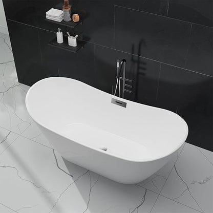 59'' Freestanding Bathtub, Deep Soaking Tub with Non-Slip Base, Acrylic, cUPC Certified Free Standing Tub, Chrome Drain Bath Tub, Modern Tub for Bathrooms, White
