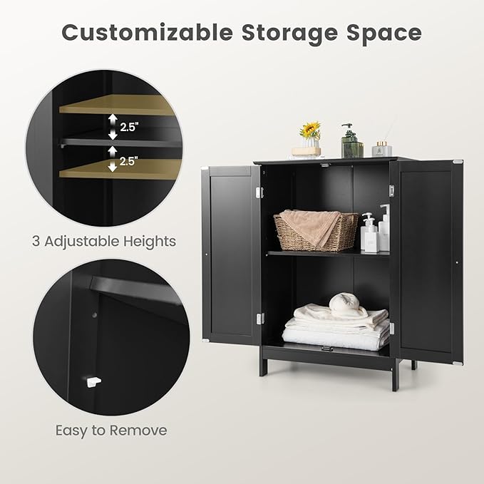 Tangkula Freestanding Storage Cabinet with Double Doors and Shelf, Modern Home Furniture, Wooden Home Organizer for Living Room, Bathroom Storage Cabinet (Black)