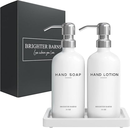 White Glass Soap and Lotion Dispenser Set by Brighter Barns - Bathroom Soap Dispenser Set Tray - Liquid Hand Soap Dispenser Pump - Modern Bathroom Accessories for Guest, Hotel, Spa, Restaurant (White)