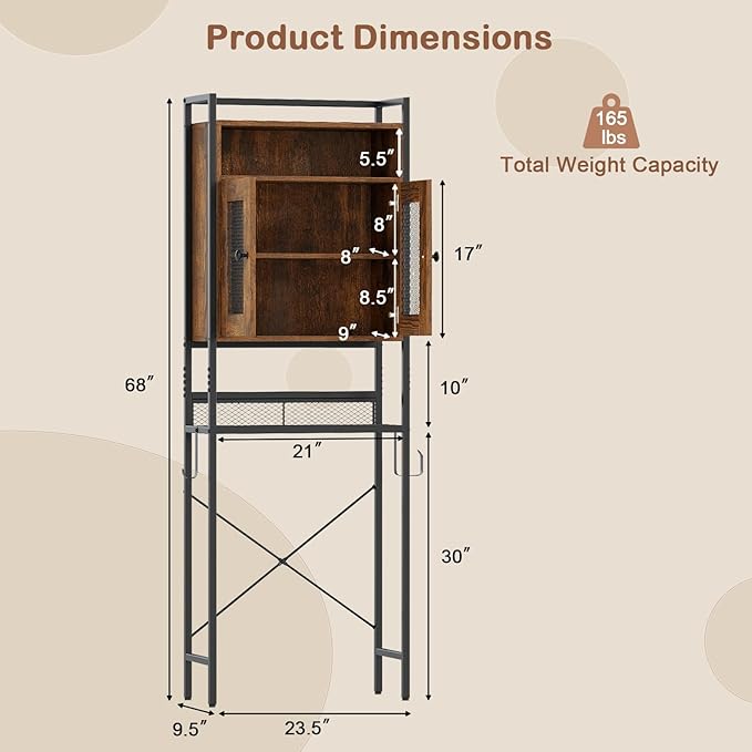 Tangkula Over The Toilet Storage Cabinet, 5-Tier Space Saver Above Toilet with 2 Mesh Doors, Metal Stand, Toilet Paper Holder & Hook, Freestanding Bathroom Cabinet Organizer for Laundry, Rustic Brown