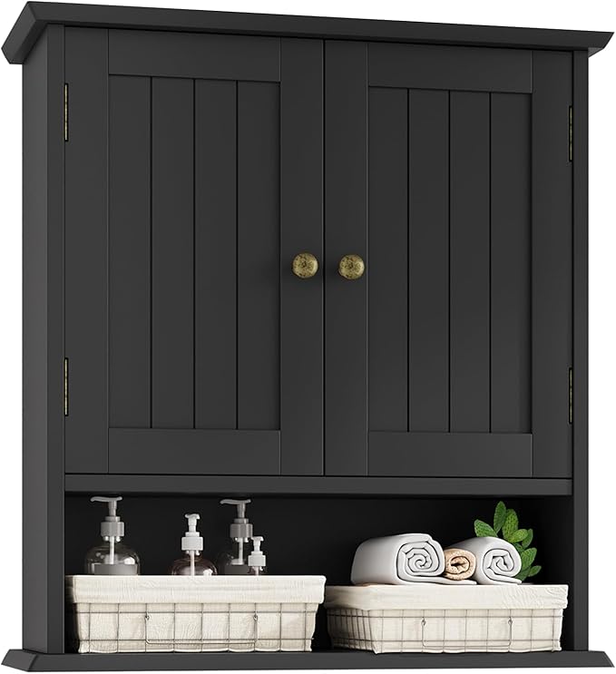 Bathroom Wall Cabinet, Bathroom Cabinet Wall Mount with 2 Doors and Open Shelf, Over The Toilet Wall Storage, Wooden Medicine Cabinets
