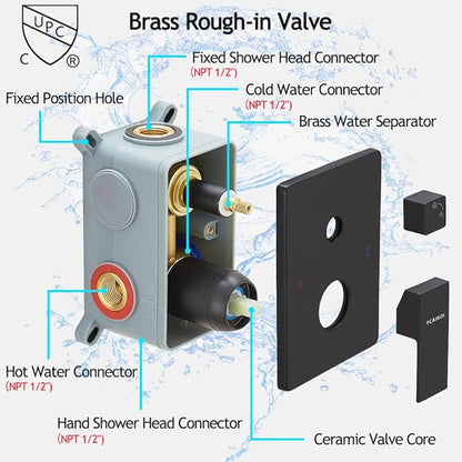 Matte Black Shower System, 8 Inch High Pressure Rain Shower with Handheld, Wall Mount Shower Faucet Set for Bathroom, Rough-in Valve Body and Trim Included