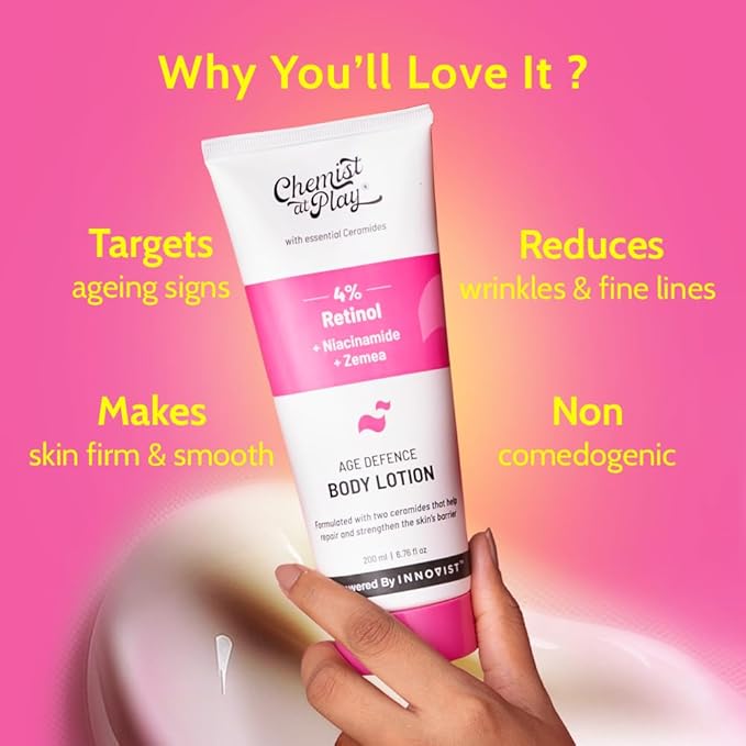 Chemist at Play Anti-Aging Body Lotion with 4% Retinol, Niacinamide & Zemea | Skin Brightening Lotion | Body Lotion for Dry & Oily Skin | Fights Visible Signs Of Aging | Nourshes Skin 7 fl oz.