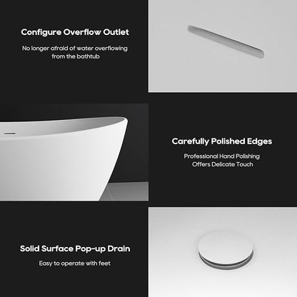 SJ STAR&JANE 61" Solid Surface Freestanding Bathtub Stone Resin Tub Oval Double Slippers Stand Alone Soaking Tub with Pop-up Drain and Overflow, Matte White