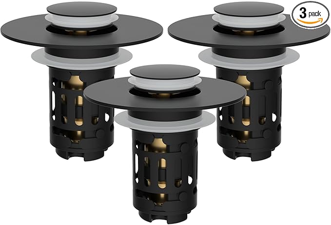 Hibbent 3 Pack 3 in 1 Bathroom Sink Drain Strainer, Universal Pop Up Stopper, Removable Stainless Steel Filter Basket Hair Catcher, Sink Plug for 1.1''~2.36'' Basin, Brass Bullet Core, Matte Black