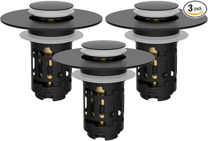Hibbent 3 Pack 3 in 1 Bathroom Sink Drain Strainer, Universal Pop Up Stopper, Removable Stainless Steel Filter Basket Hair Catcher, Sink Plug for 1.1''~2.36'' Basin, Brass Bullet Core, Matte Black