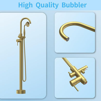 Freestanding Tub Filler Brushed Gold Floor Mount Bathtub Faucet Bathroom,Rough-in Valve 2 Function Handshower for Tub Rinsing Bathing,Anti-Wobble Base,Telephone-Shape Handheld