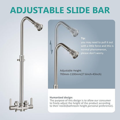 Aolemi Outdoor Shower Fixtures Outdoor Shower Kit Faucet System 3 Inch Center 2 Handle Exposed Shower with Brass Mix Valve with Adjustable Bar Pipe Upward Brushed Nickel