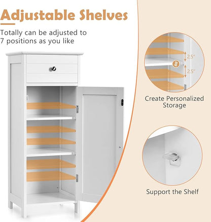COSTWAY Bathroom Storage Cabinet, Single Door Floor Cabinet with Drawer and 3-Level Adjustable Shelves, Modern Side Storage Organizer with Anti-Tipping Device for Living Room, Bedroom (White)