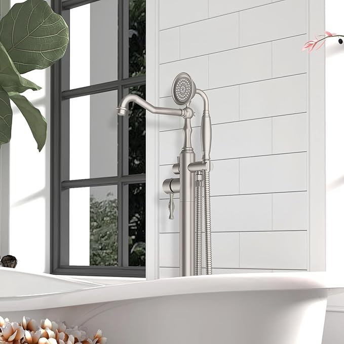 Hoimpro Free Standing Tub Faucet Freestanding Tub Filler Stand Alone Bath Tub Set Floor Mounted Bathtub Faucet Shower Faucets Handheld Sprayer Brass Brushed Nickel