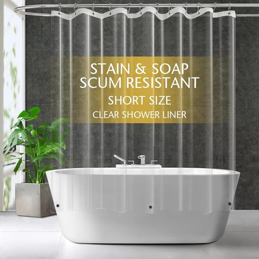 Short Size PEVA Plastic Shower Curtain Liner Premium Light Weight 72" x 66" Clear Bathroom Shower Showroom Curtain Liner with Rustproof Metal Gromments and Weighted Magnet