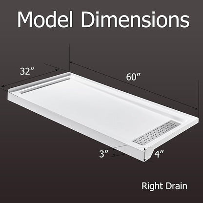 MORVANO Shower Base 60" x 32" Right Drain, Shower Pan Kit With Stainess Steel Cover, Non-Slip Acrylic in White, Brush Nickel for Bathroom
