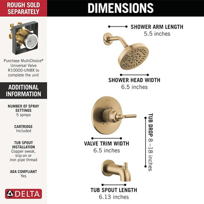 Delta Faucet Saylor 14 Series Gold Tub and Shower Faucet Combo, Bathtub and Shower Trim System, Shower Trim Kit, Bathtub Faucet Set, Shower Tub Faucet, Champagne Bronze T14435-CZ (Valve Not Included)