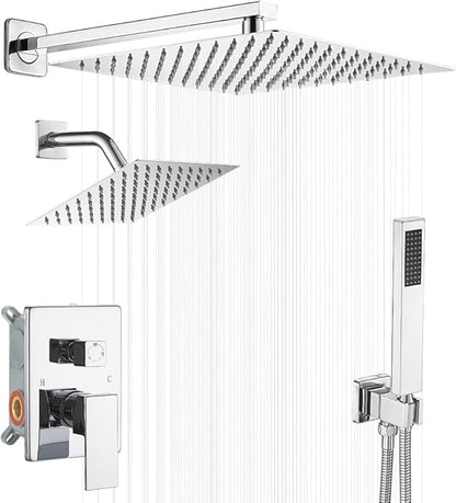Shower Faucet Set Polished Chrome Shower System, Knob Switch Diverter Shower Faucet with High Pressure Handheld Spray, Wall Mount 10 Inch Shower Head with 6 Inch Wall Mount Shower Head
