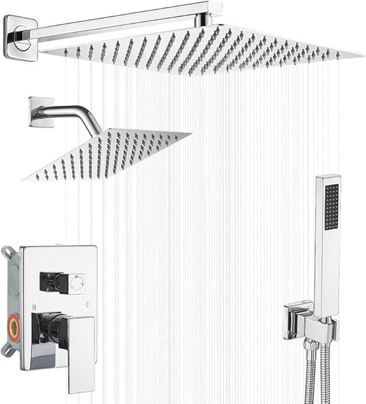 Shower Faucet Set Polished Chrome Shower System, Knob Switch Diverter Shower Faucet with High Pressure Handheld Spray, Wall Mount 10 Inch Shower Head with 6 Inch Wall Mount Shower Head