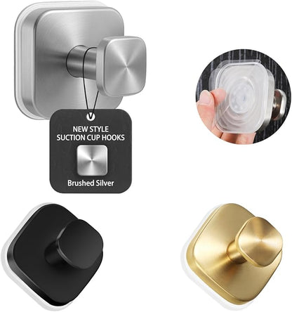 2Pcs Square Suction Cup Hook, 304 Stainless Steel Shower Hook, Removable Suction Cup Knob for Shower, Bathroom, Kitchen, Glass Door, Mirror (Black)
