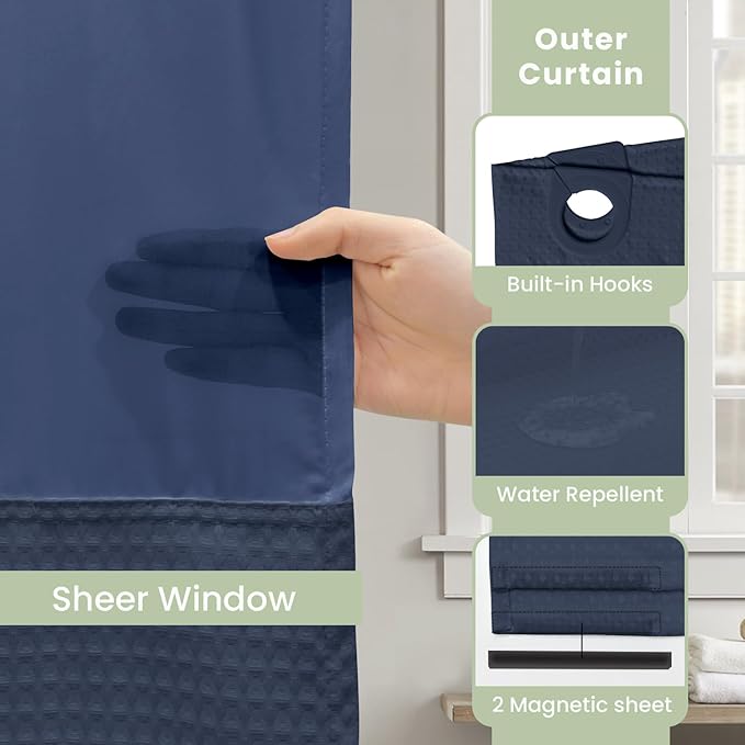 Inhousolu No Hook Shower Curtain with Snap in Fabric Liner Set Waffle Weave 230GSM Weighted Hem, Waterproof & Washable Bathroom Curtain Spa Luxury with Mesh Top Window 72" W x 72" L Navy Blue