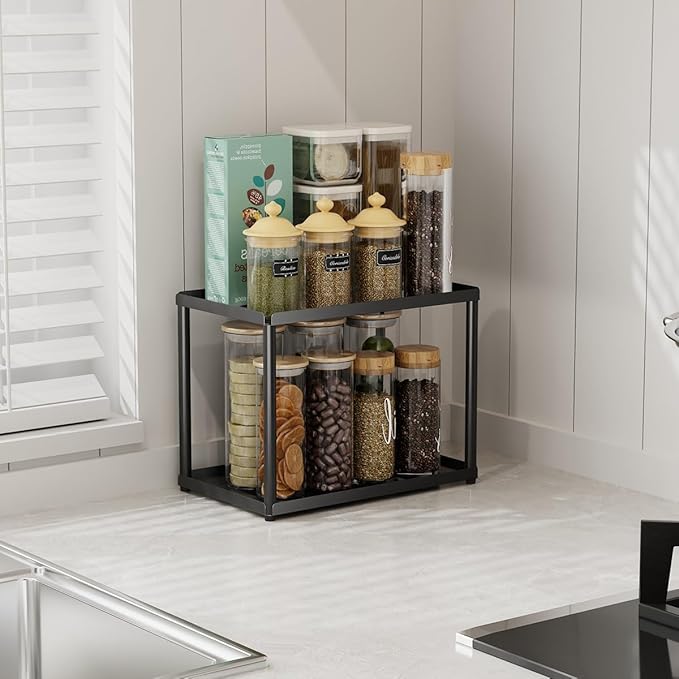 2 Tier Bathroom Counter Organizer, Rectangular Vanity Organizer Shelf, Skincare and Makeup Countertop Storage Rack for Kitchen, Bathroom, Bedroom, Black (Standard Version)