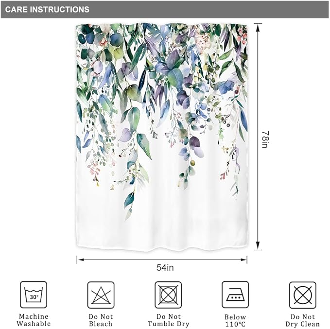 Riyidecor Extra Long Navy Eucalyptus Shower Curtain for Bathroom Decor 54Wx78H Eucalyptus Plants Leaves Botanical Leaf Floral Art Printed Fabric Polyester Waterproof 12 Pack Plastic