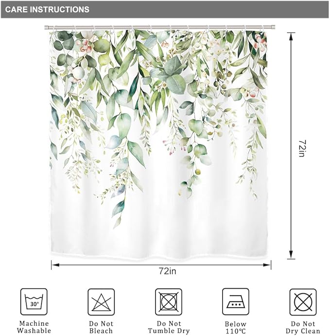 Riyidecor Green Eucalyptus 4Pcs Bathroom Shower Curtain Sets Plants Botanical Leaves Bathroom Decor Set with Rugs and Accessories Green Leaves Toilet Lid Rug, Contour and Bath Mat with 12