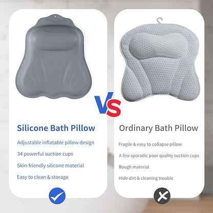 Goowin Bath Pillows for Tub, New Generation Skin-Friendly Silicone Bath Pillow, Luxury Bathtub Pillow for Head and Neck, Powerful Suction Tub Pillow for Bathtub with Inflatable Airbag (Grey)