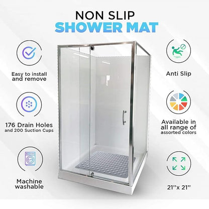 ENKOSI 21 x 21 inch Square Non-Slip Shower Mat – Anti-Slip Shower Mats for Inside Shower – Secure Grip for Shower Stall Floors – Quick-Dry with Drain Holes (21x21 Navy Blue)