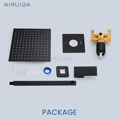 Airuida Shower Faucet Set Bathroom Rain Shower System SUS304 Stainless Steel Single Handle With Male Threads Rough-in Valve Shower Trim Kit 10 Inch Wall Mount Shower Head Matte Black