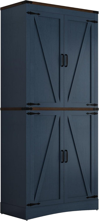 71in Farmhouse Kitchen Pantry Cabinet,Tall Storage Cabinet with 4 Doors and Adjustable shelves,with Load-Bearing Steel Pipe,Wood Storage Cabinets for Kitchen,Dining Room,Bathroom(Rustic Blue)
