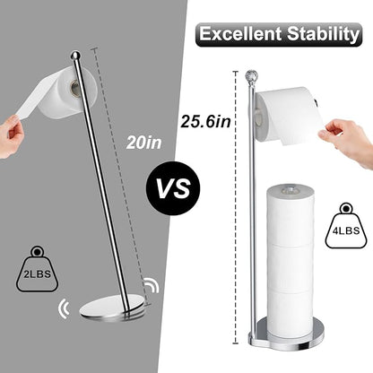 Toilet Paper Holder for Bathroom, Heavy Weighted Metal Free Standing Toilet Paper Storage with Crystal Ball, Toilet Paper Stand for Bathroom Accessories, Polished Chrome [Holds MEGA Rolls]