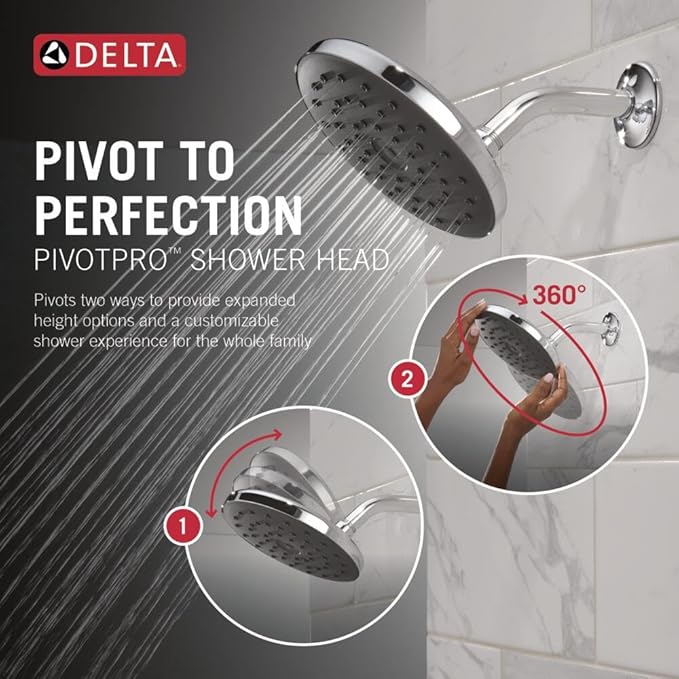Delta PivotPro Chrome Rain Showerhead, Single Setting 7 Inch Round Shower Head, Showerheads, 1.75 GPM Flow Rate, Chrome 75103