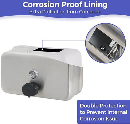 Heavy Duty Stainless Steel Wall Mount Soap Dispenser, 1100ml/37oz, with Corrosion Proof Lining and Anti-Leak Pump for Commercial & Home Bathroom Kitchen (Horizontal)