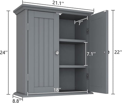 ChooChoo Bathroom Wall Cabinet, Over The Toilet Space Saver Storage Cabinet, Medicine Cabinet with 2 Door and Adjustable Shelves, Cupboard, Grey