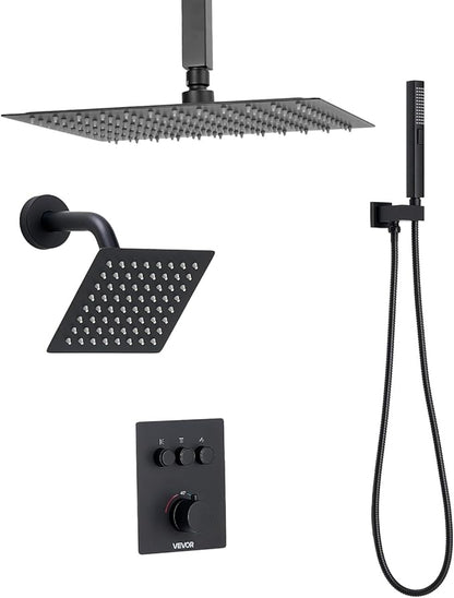 VEVOR Shower Faucet Set, 12 Inch Thermostatic Ceiling Mount Rainfall Shower System with 6 Inch Wall Mount Head and 2 in 1 Handheld Spray, 3-Function Dual Rain Head Brass Valve & Trim Kit, Matte Black