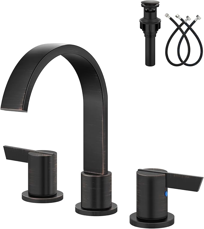 Aolemi Bathroom Faucets 3 Hole,8 Inch Widespread Waterfall Bathroom Sink Faucet,2 Handles Vanity Faucet with Pop-up Drain and Supply Hose,Oil Rubbed Bronze