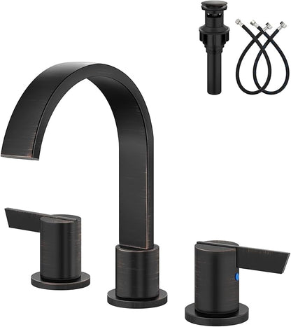 Aolemi Bathroom Faucets 3 Hole,8 Inch Widespread Waterfall Bathroom Sink Faucet,2 Handles Vanity Faucet with Pop-up Drain and Supply Hose,Oil Rubbed Bronze