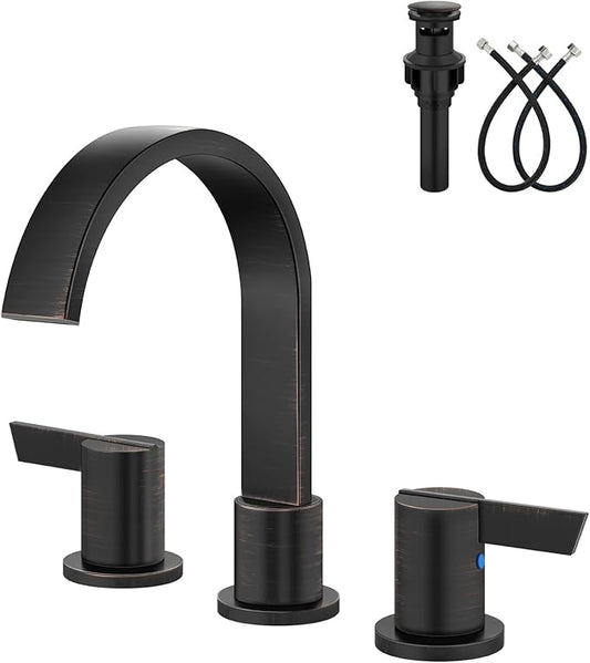 Aolemi Bathroom Faucets 3 Hole,8 Inch Widespread Waterfall Bathroom Sink Faucet,2 Handles Vanity Faucet with Pop-up Drain and Supply Hose,Oil Rubbed Bronze