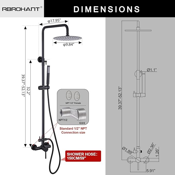 RBROHANT Outdoor Shower, Wall Mount Outdoor Shower Kit, Outside Shower Faucet with Height Adjustable Rain Shower Head and Handheld, Exposed Shower System for Yard, Wall Mounted, Matte Black, JK0145