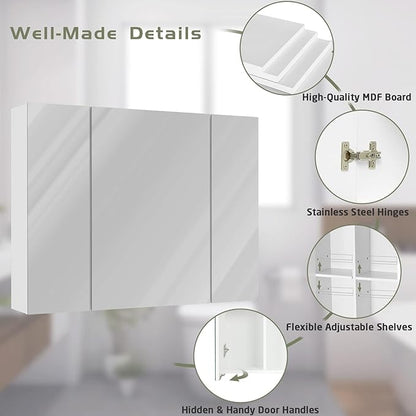 Medicine Cabinets Bathroom Mirror Cabinet with 3 Door 31.5x23.6 Inch Bathroom Wall Cabinet with Mirror Wall Mirror Storage Shelf with 3-Adjustable Shelves Storage Organizer Kitchen Cupboard,White