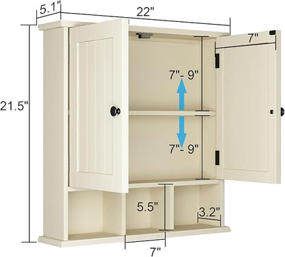ChooChoo Bathroom Cabinet Wall Mounted 2-Door with 3 Open Shelves， Wooden Medicine Cabinets with Adjustable Shelf，Space Saver Storage Cabinets Over The Toilet for Bathroom&Living Room,Yellow