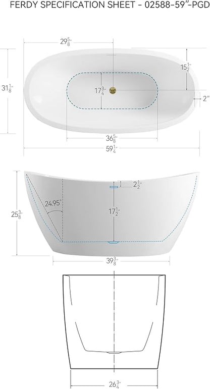 FerdY Naha 59" Acrylic Freestanding Bathtub, Curve Edge Freestanding Soaking Bathtub, Glossy White, cUPC Certified, Brushed Gold Drain & Minimalist Linear Design Overflow Included, 02588