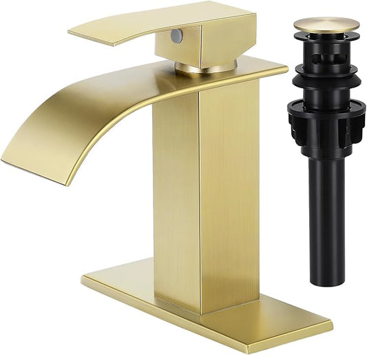 Bathroom Faucets Brushed Gold Waterfall Bathroom Sink Faucet Modern Single Handle Bathroom Faucet for 1 or 3 Hole Mxier Tap Washbasin Faucet with Deck, Pop-up Drain and Supply Hoses