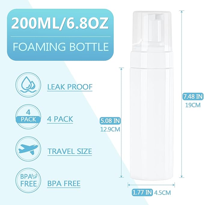 Foam Pump Bottle 200ml/6.8oz Empty Plastic Foam Dispenser Pump Bottle Travel Large Refillable BPA Free Lotion Bottles for Shampoo Shower Hand Soap Foaming (4 Pack) White
